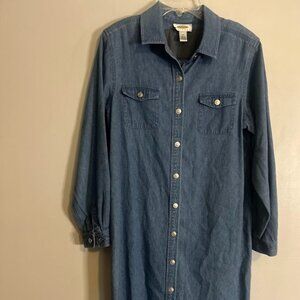 Talbots Denim Maxi Shirt Dress Womens Sz 14P Blue Button Front Pockets